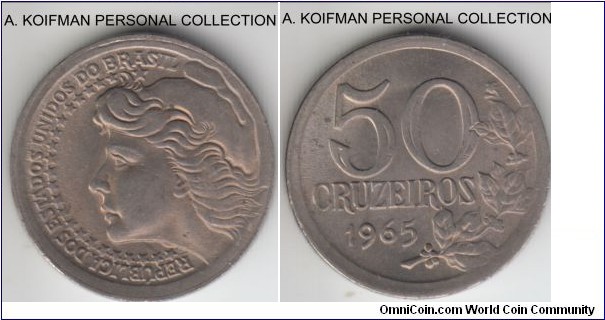 KM-574, 1965 Brazil 50 cruzeiros; nickel, reeded edge; uncirculated, few carbon spots.