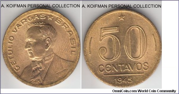 KM-557a, 1945 Brazil 50 centavos; aluminum-bronze, plain edge; bright yellow uncirculated, common war time issue.