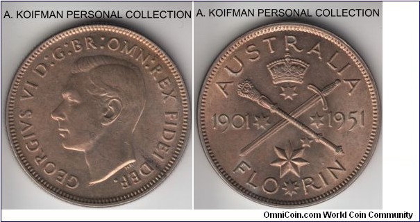 KM-47, 1951 Australia florin, Melbourne mint; silver, reeded edge; Australia 50'th Year Jubilee, uncirculated, light toning on obverse, lamination on King's jaw.