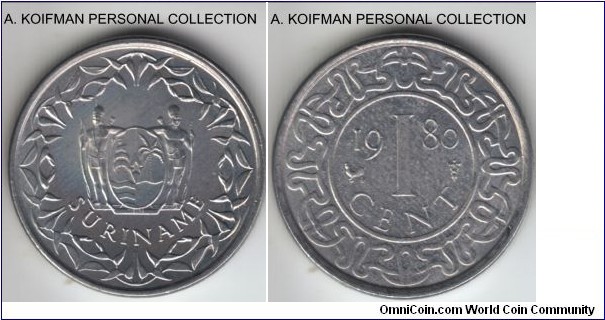 KM-11a, 1980 Suriname cent, Utrecht mint; aluminum, plain edge; bright white uncirculated, minute hint of toning on obverse.