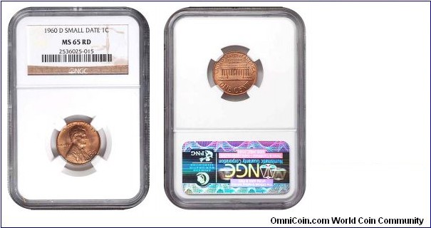 1960 D 1 Cent small date MS 65 RD