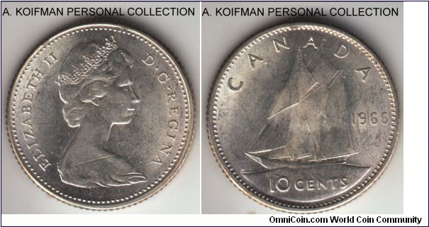 KM-61, 1966 Canada 10 cents; silver, reeded edge; Elizabeth II, 2-yaer type before silver was phased out, business strike, frosty uncirculated.