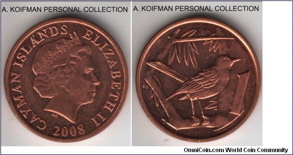 KM-131, 2008 Cayman Islands cent; copper plated steel, plain edge; plating seems to start fading or rubbing off although the coin does seem uncirculated or about.