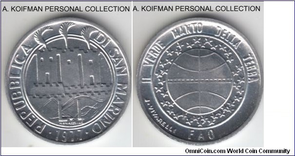 KM-63, 1977 San Marino lira; aluminum, plain edge; FAO issue, tiny coin in brilliant uncirculated condition.