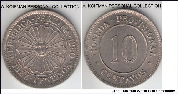 KM-198, 1880 Peru 10 centavos; copper-nickel, reeded edge; provisional coinage of South Peru, replacing fractional banknotes, pleasantly uncirculated with minimal toning.