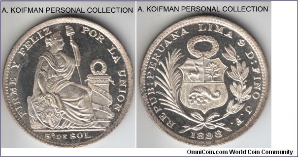 KM-205.2, 1898 Peru 1/5 sol, JF; silver, reeded edge; deep cameo look of this small coin is stanning, otherwise good choice uncirculated or so, this seems to be a close 9 variety.