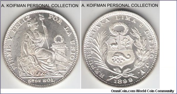 KM-205.2, 1898 Peru 1/5 sol, JF; silver, reeded edge; choice uncirculated or so, one of the fine examples of the Peruvian mint masters.