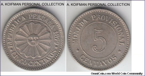 KM-197, 1879 Peru 5 centavos; copper-nickel, reeded edge; provisional coinage of South Peru, replacing fractional banknotes, pleasantly uncirculated with almost no toning at all.