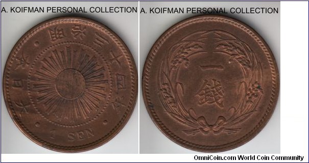 Y#20, Meiji Yr.34 (1901) Japan sen; bronze, plain edge; mostly brown good extra fine to about uncirculated.