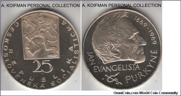 KM-66, 1969 Czechoslovakia 25 Korun; proof, silver, lettered edge; average but nice proof with some cameo effect, mintage 5,000.