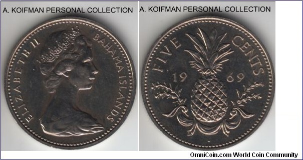 KM-3, 1969 Bahamas 5 cents; proof, copper-nickel, plain edge; subtle proof, few handling marks, mintage 75,000.