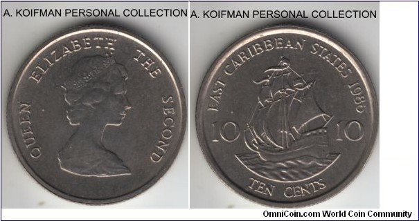 KM-13, 1986 East Caribbean States 10 cents; copper-nickel, reeded edge; uncirculated, subdued tone.