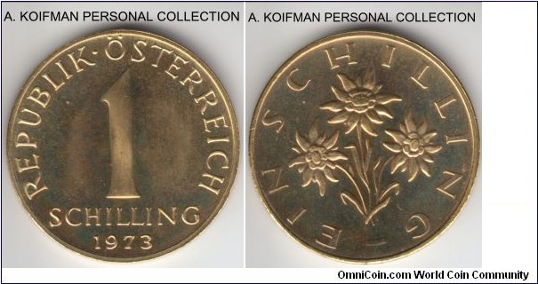 KM-2886, 1973 Austria schilling; proof, aluminum-bronze, plain edge; average, slightly mishandled (out of pack) proof, mintage 90,000.