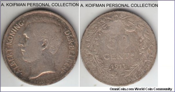 KM-71, 1911 Belgium 50 centimes; silver, reeded edge; well circulated and worn, high reliefe of the Belgian coins make them scarce to find in high grades.
