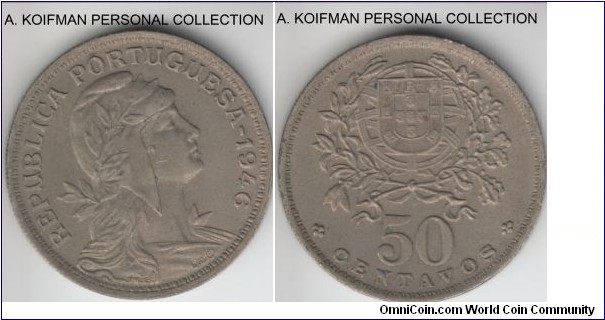KM-577, 1946 Portugal 50 centavos; copper-nickel, reeded edge; appear to be uncirculated, but heavily toned.