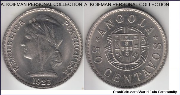 KM-65, 1923 Portuguese Angola 50 centavos; nickel, reeded edge; uncirculated or almost, as minted luster on reverse, really interesting and scarce in these grades. 
