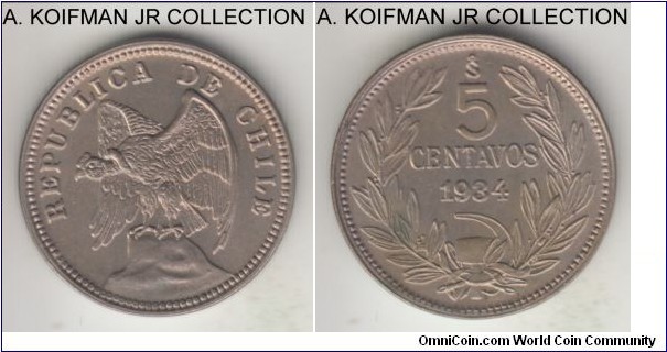 KM-165, 1934 Chile 5 centavos; copper-nickel, plain edge; choice uncirculated, some toning on reverse.