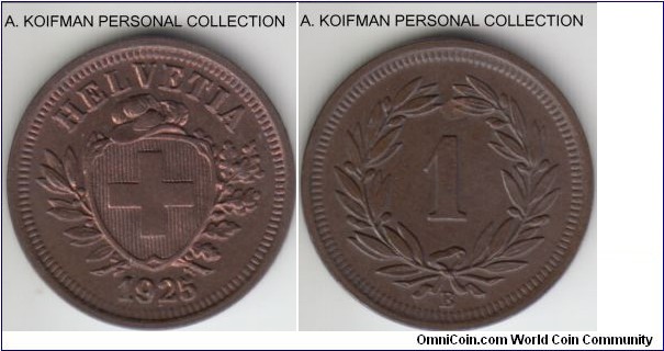 KM-3.2, 1925 Switzerland rappen, Berne mint (B mint mark); bronze, plain edge; overall brown, obverse is lustrous uncirculated, reverse is deep toned dark, small spot.