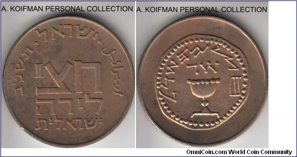 KM-31, 1962 Israel 1/2 lira, Utrecht (no mint mark); copper-nickel, plain edge; uncirculated and toned, obverse more so, the date is in Hebrew, so unless one can read the difference between the 