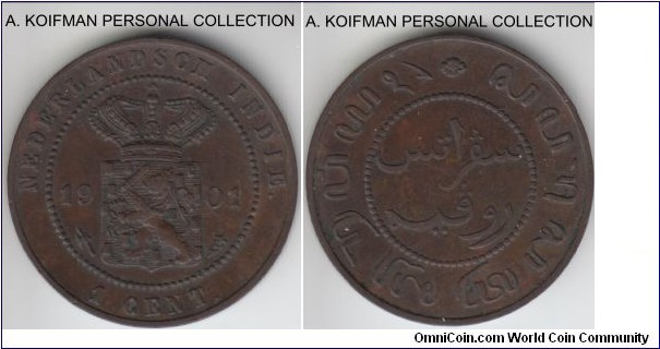KM-307.2, 1901 Netherlands East Indies cent, Utrecjt mint; copper, plain edge; dark brown good very fine or better.