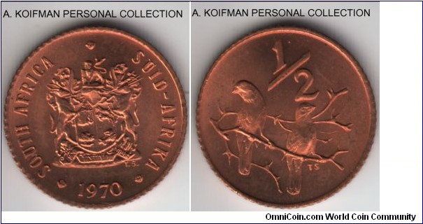 KM-81, 1970 South Africa (Republic) half cent; bronze, reeded edge; the only mass mintage year of this often overlooked type, this coin clearly comes form the mint set, brilliant red uncirculated.