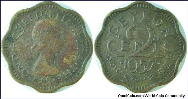 Ceylon(British)2Cents-km124-1957