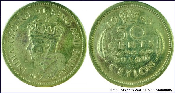 Ceylon(British)50Cents-km116-1943