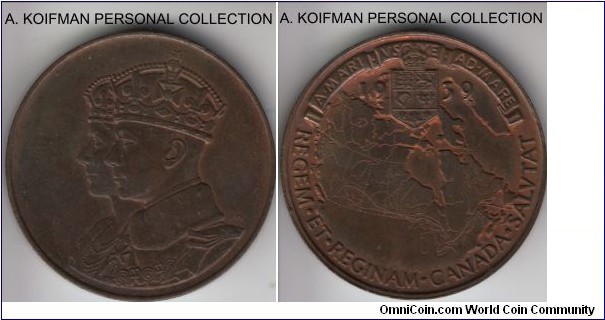 1939 Canada medal; bronze, plain edge, 30 mm; George VI Royal Visit commemorative medal larger, toned in places, uncirculated or so.