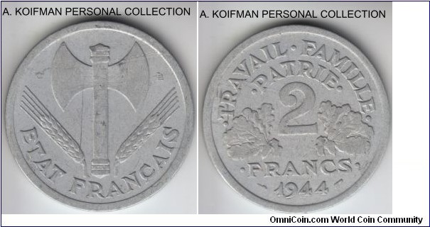 KM-904.3, 1943 France 2 francs, Castelsarrasin mint (C mint mark); aluminum, plain edge; Vichy French State issue, about uncirculated, whitish with the aluminum aging.