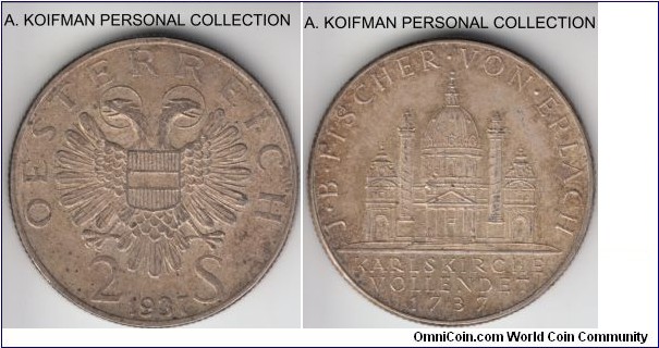 KM-2859, 1937 Austria 2 schilling; silver, reeded edge; Bicentennial - Completion of St. Charles Church 1737 commemorative, extra fine or about, toned.