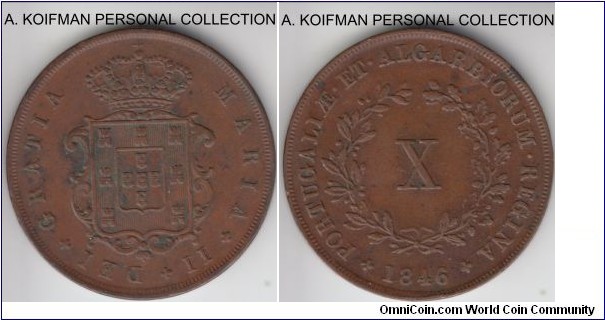 KM-481, 1846 Portugal 10 reis; copper, plain edge; good very fine ro extra fine, light brown.