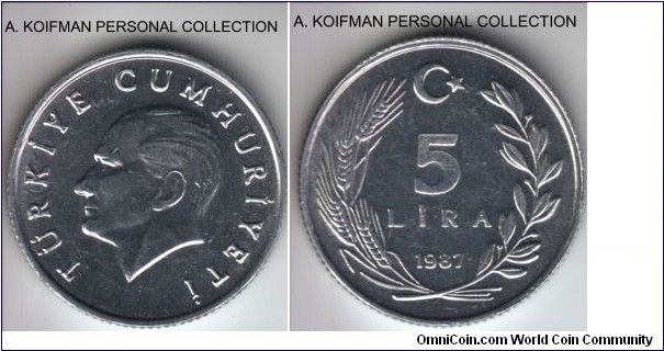 KM-963, 1987 5 lira; aluminum, reeded edge; uncirculated or almost.