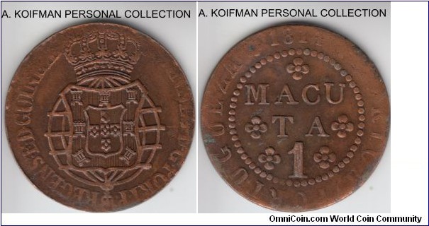 KM-46, 1814 Portuguese Angola macuta; copper, plain edge; very fine details, a bit off center, lacquered which emphasizes the details quite a bit.