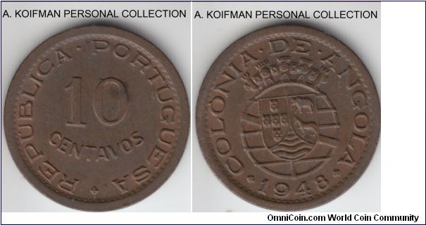 KM-70, 1948 Portuguese Angola 10 centavos; bronze, plain edge; darker brown, uncirculated, small spot (not a corrosion) on obverse.