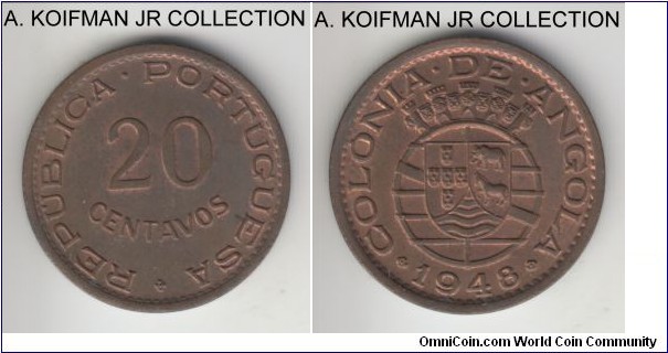 KM-71, 1948 Portuguese Angola 20 centavos; bronze, plain edge; colonial coinage, 2-year type, red brown uncirculated.