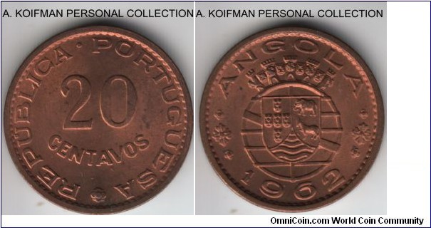 KM-78, 1962 Portuguese Angola 20 centavos; bronze, plain edge; red but for a small spot on obverse, otherwise gem uncirculated.