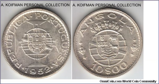 KM-73, 1952 Portuguese Angola 10 escudos; silver, reeded edge; brilliant choice uncirculated.