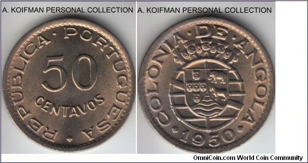 KM-72, 1950 Portuguese Angola 50 centavos; nickel-bronze, plain edge; bright brilliant uncirculated, scarcer type or 2 years, several die breaks on reverse.