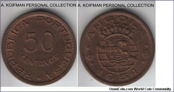 KM-75, 1954 Portuguese Angola 50 centavos; bronze, plain edge; dark, about uncirculated.