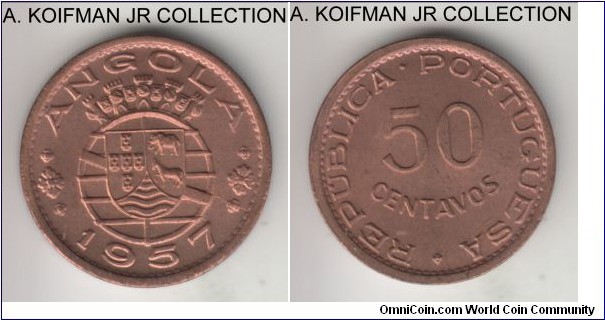 KM-75, 1957 Portuguese Angola 50 centavos; bronze, plain edge; colonial issue, slightly darker red uncirculated.