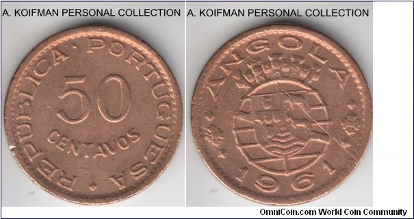 KM-75, 1961 Portuguese Angola 50 centavos; bronze, plain edge; very fine but cleaned, nicks and scratch.