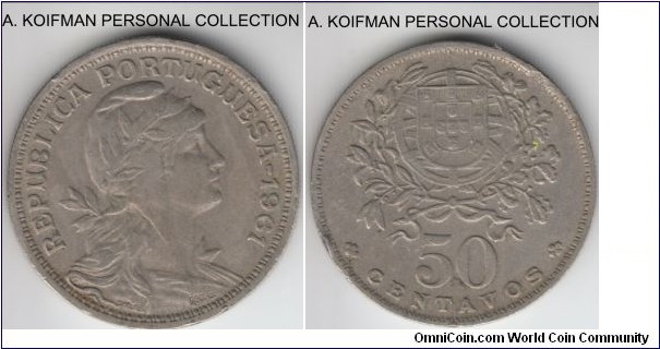 KM-577, 1961 Portugal 50 centavos; copper-nickel, reeded edge; extra fine or so for wear, several small rim nicks.