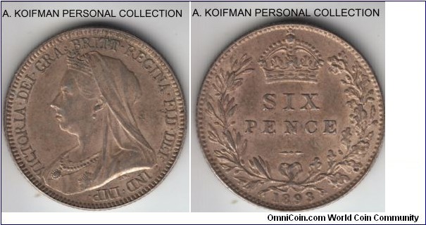 KM-779, 1893 Great Britain 6 pence; silver, reeded edge; first year of the veiled head type, good extra fine to about uncirculated, toned.