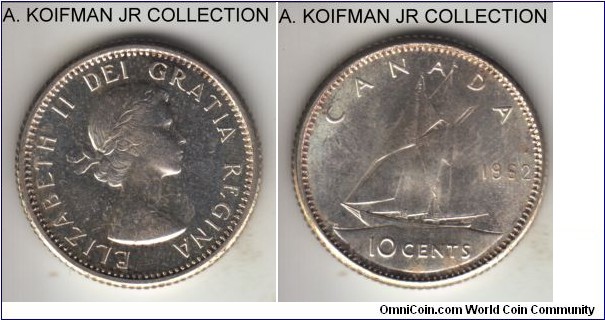 KM-51, 1962 Canada 10 cents; silver, reeded edge; Elizabeth II, first type, bright proof-like from set, some toning.
