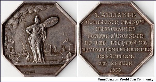 small silver jeton issued in 1836 for L'Alliance,a french assurance company providing cover for fire risk and and transportation of goods 