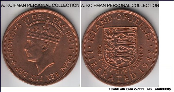 KM-19, 1945 Jersey 1/12'th of a shilling; bronze, plain edge; red uncirculated.