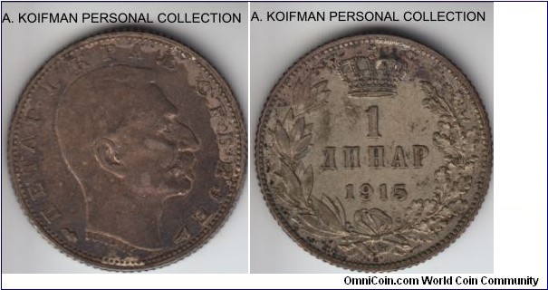 KM-25.3, 1915 Serbia (Kingdom) dinar, Paris mint; silver, reeded edge; very dark toned obverse and dirty reverse in this extra fine coin, although Krause lists this coin die alignmnet of the Paris mint as scarce, they are quite common.
