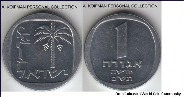 KM-106, 1980 Israel new agora; aluminum, plain edge; average uncirculated or about of the sheqel series replacing much devalued Israeli pound (lira).