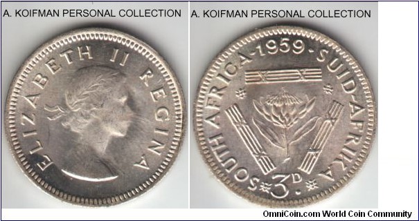 KM-47, 1959 South Africa 3 pence; silver, plain edge; no KG variety bright white uncirculated.