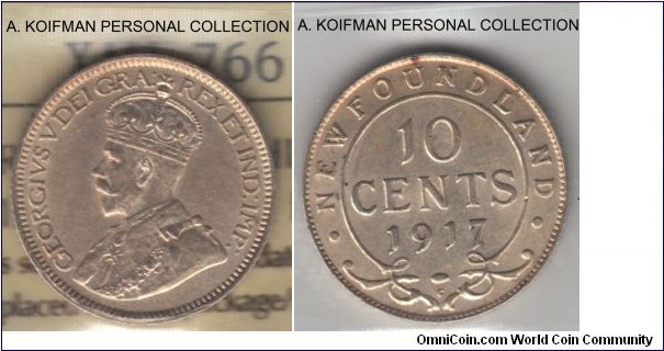 KM-14, 1917 Newfoundland 10 cents, Ottawa mint (C mint mark); silver, reeded edge, ICCS grades EF-45, looks better.